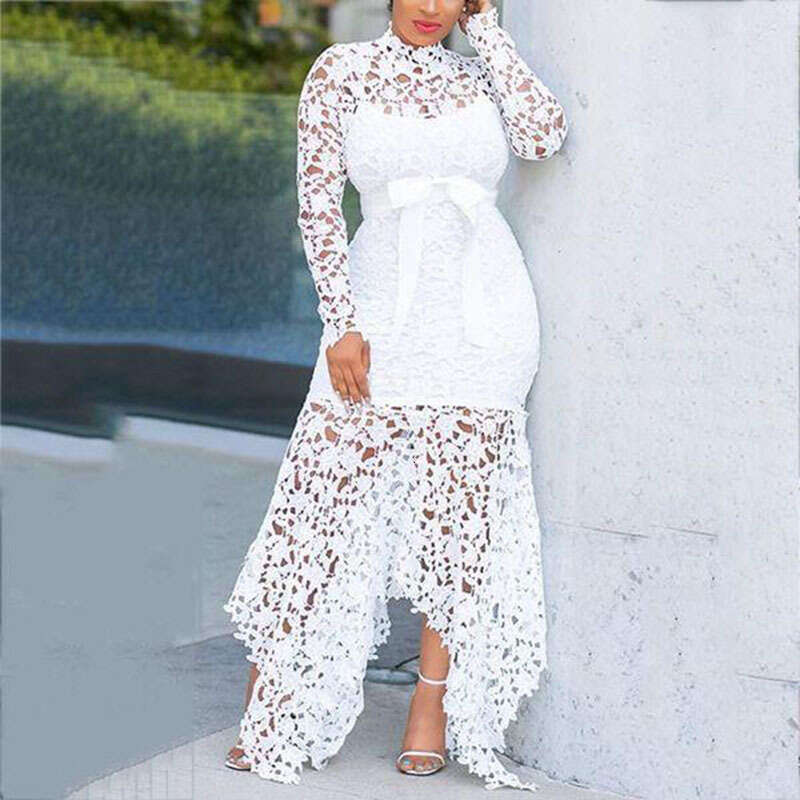 2025 new women's hollowed out long sleeved stand collar lace up 5-color irregular dress