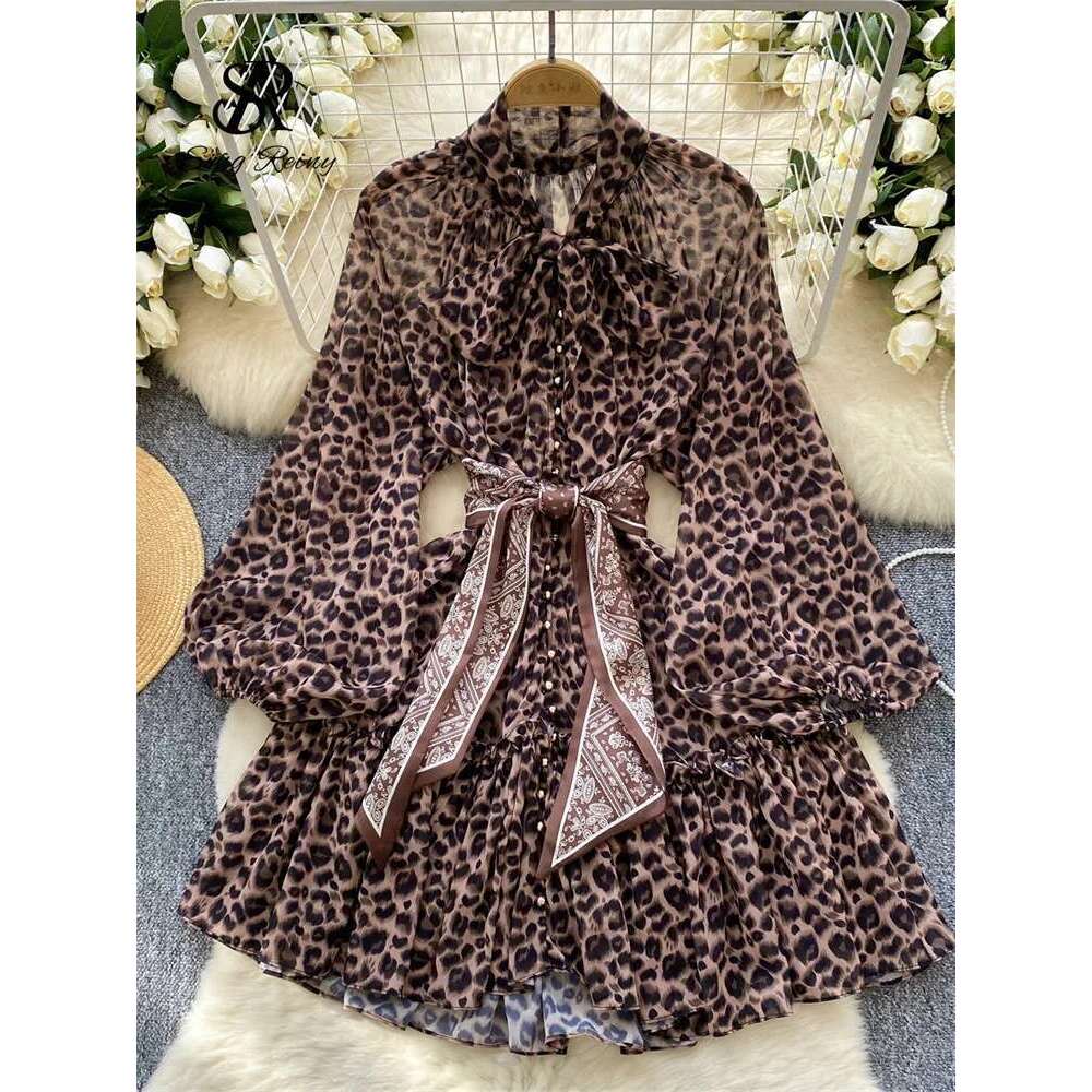 High Street Leopard Sexy Bow Neck Long Sleeves Transparent Loose Autumn Bohemian Casual Print Short Dress