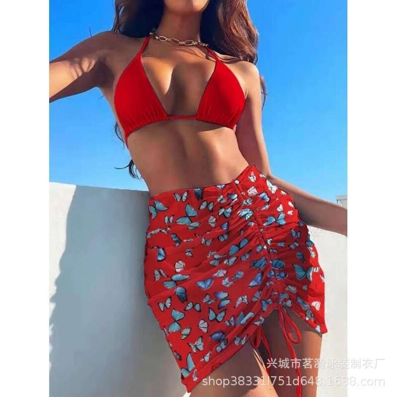 New European and American butterfly multi-color printed split yarn skirt gathering three piece set women's swimsuit bikini 2025 new casual versat