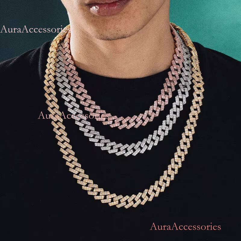 Iced Out Link White Gold Plated Prong Zircon Dia Cuban Chain Necklace Hip Hop Jewelry