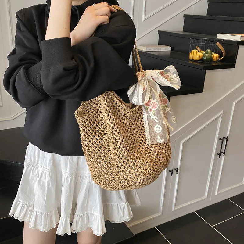 Summer Beach Bag Mesh Women Woven Lace Bow Shoulder Purse Large Capacity Clutch Purse Solid Color Shopping Vacation Travel 250515