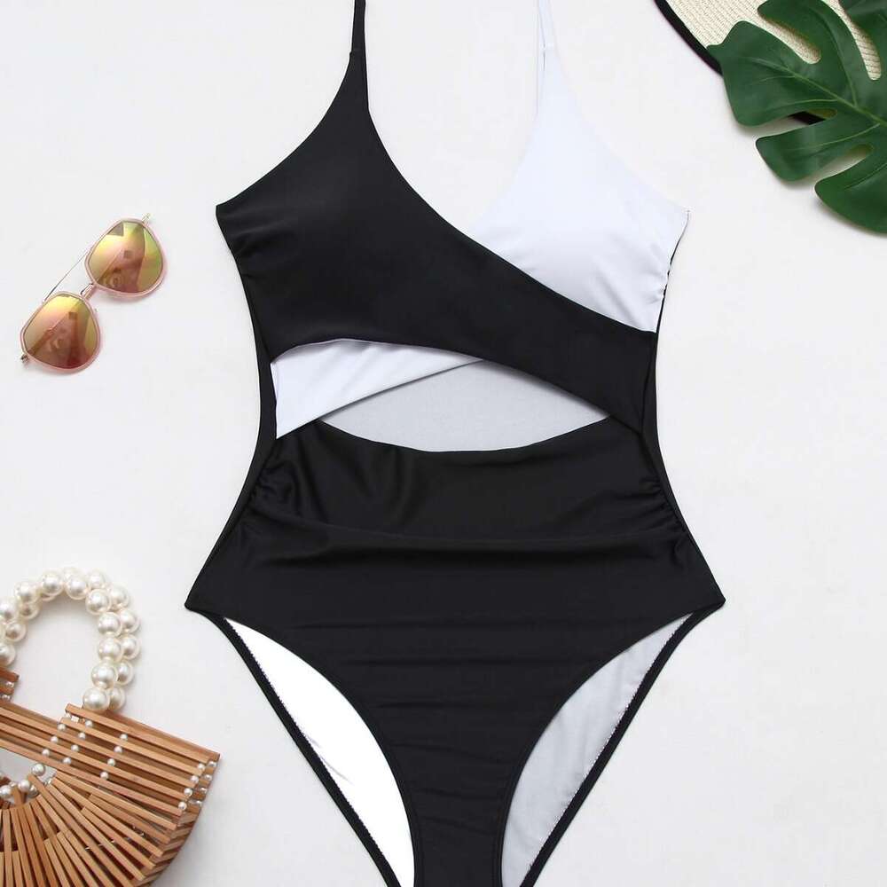 New one-piece European and American swimsuit sexy hollow high waist color blocked cross suspender bikini manufacturer 2025 temperament versatile new t