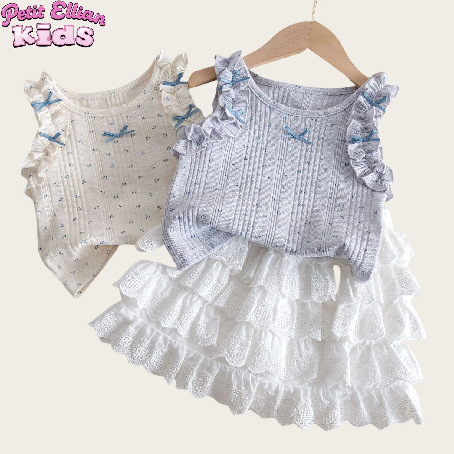 2 - 6 Y Baby Girls Cotton Floral Lace Embroidered Sleeveless Top and Ruffled Cake Skirt Set - Adorable Stylish Outfit for Kids 250515