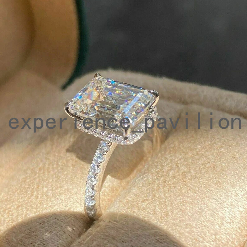18K White Gold 3.00ct Emerald Cut Colorless GRA Moissanite Engagement Ring Handmade Pave Set Hidden Halo Wedding Ring