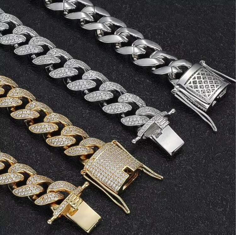 14/18 k Plated Male Hip Hop Rap Accessories Iced Out Cuban Dia Bracelet Gold Sier Men Necklace