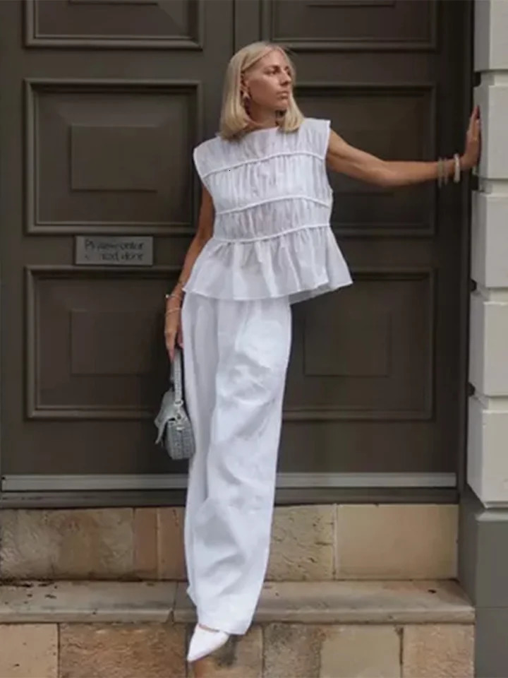 Wrinkled Sleeveless Top Straight Leg Pants Half Skirt Women 3 Piece Set Slim Wide Aline Skirts Summer Commuting Suit 250515