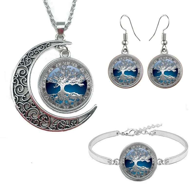 Celtic Tree Of Life Glass Cabochon Necklace Stud Earrings Bracelet Bangle Set Totally 4Pcs Women's Fashion Jewelry Creative Gift