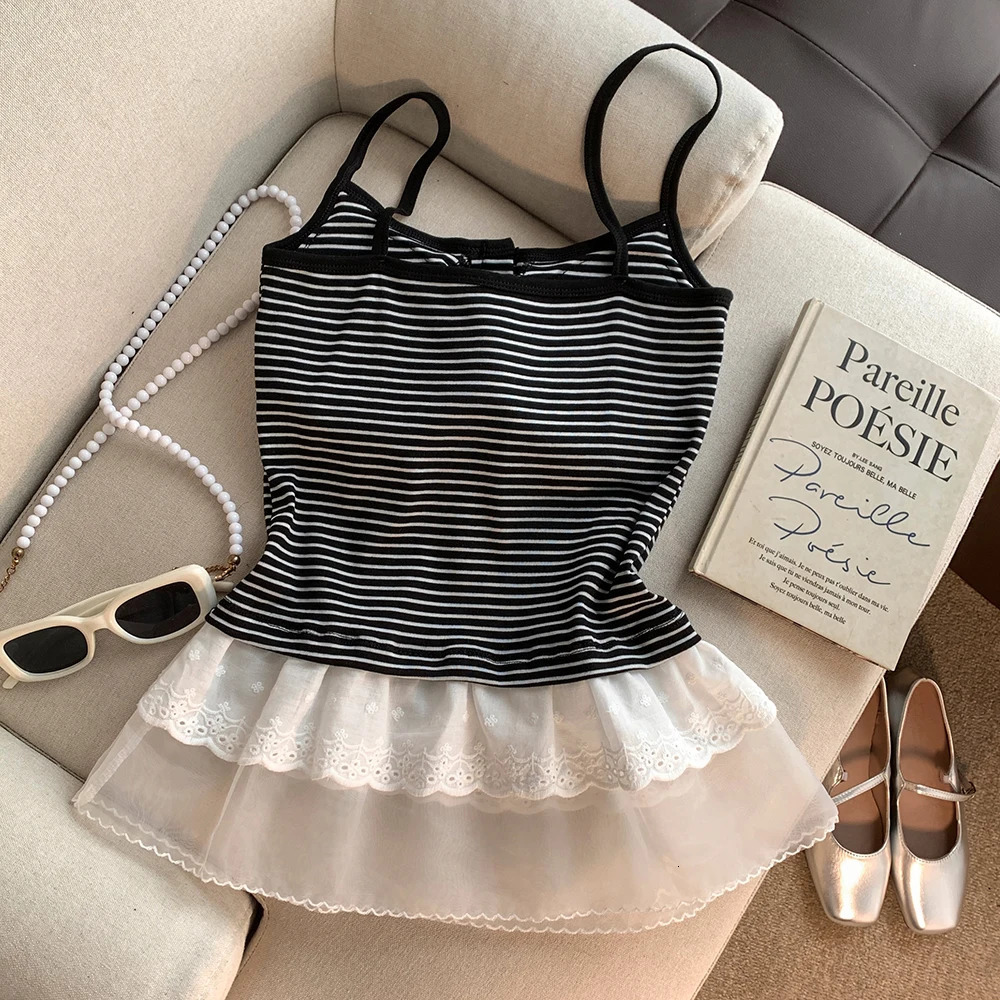 Summer Womens Korea Style Black White Strips Tank Top with Lace Hem Female Sweet Square Neck Spaghetti Straps Cami 250515