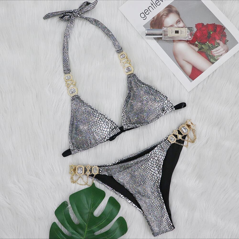 2025 Women's Hot Gold Serpentine Bikini Designer's New Crystal Chain Split Swimsuit Sexy And Fashionable Outdoor Vacation Beach Wear