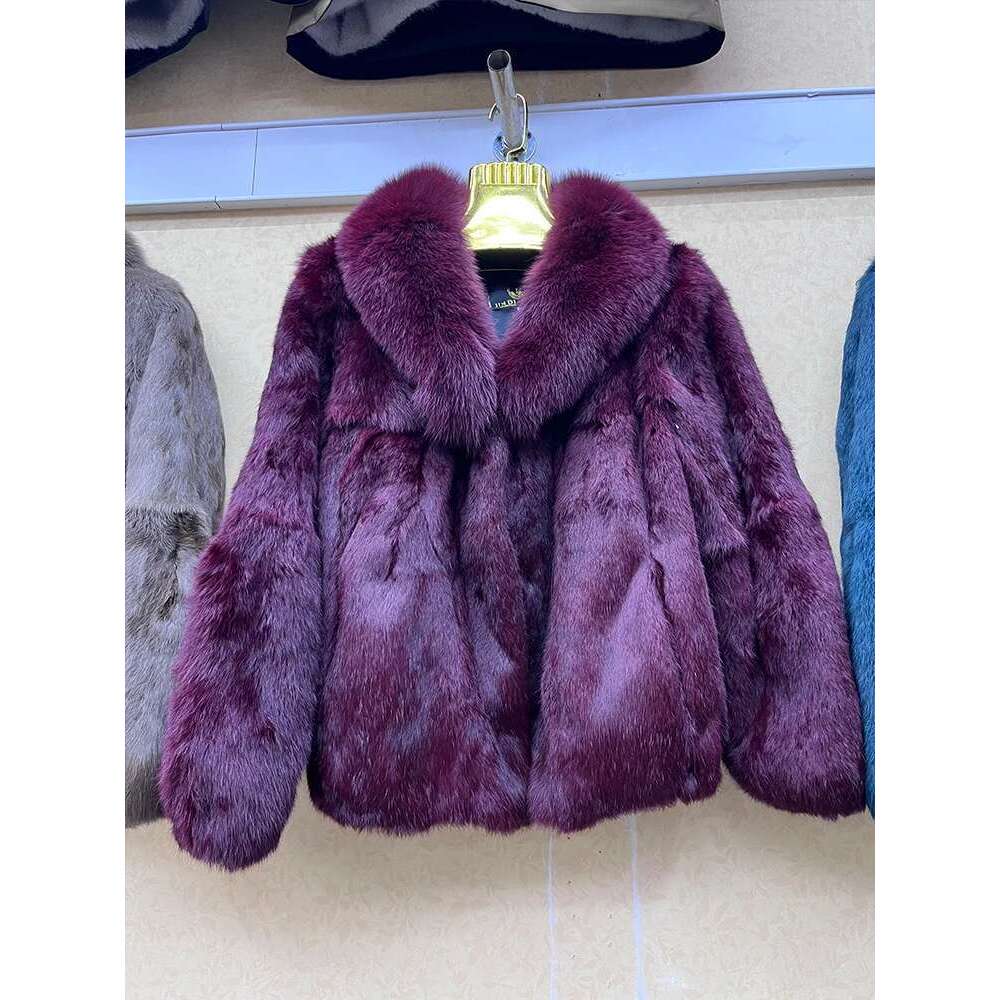 100% Genuine Whole Skin Real Coat With Natural Fox Collar Jacket Full Pelt Rabbit Fur Overcoat
