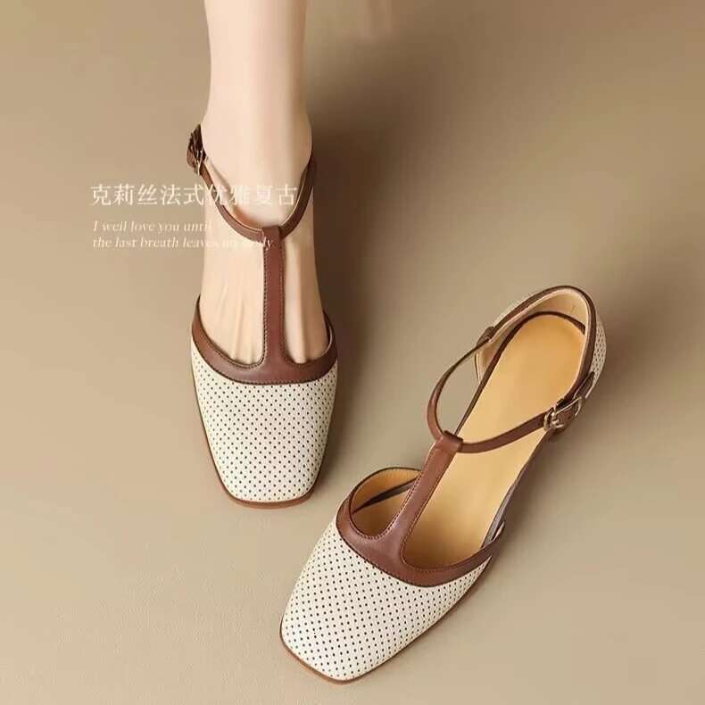 Baotou Muffin Thick-soled Hollow Sandals Summer Thick Heel Round Head One-word Buckle Belt Empty Roman Women's Shoes