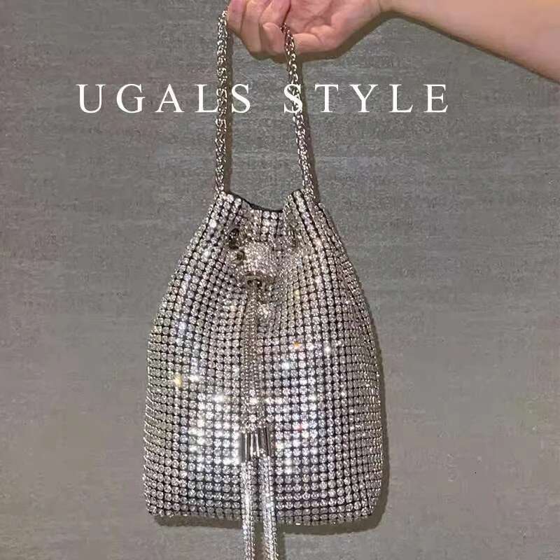 Women's Handbag Glitter String Bucket Crystal Shiny Rhinestones Dia Evening Wedding Party Clutch Purse Crossbody Bag
