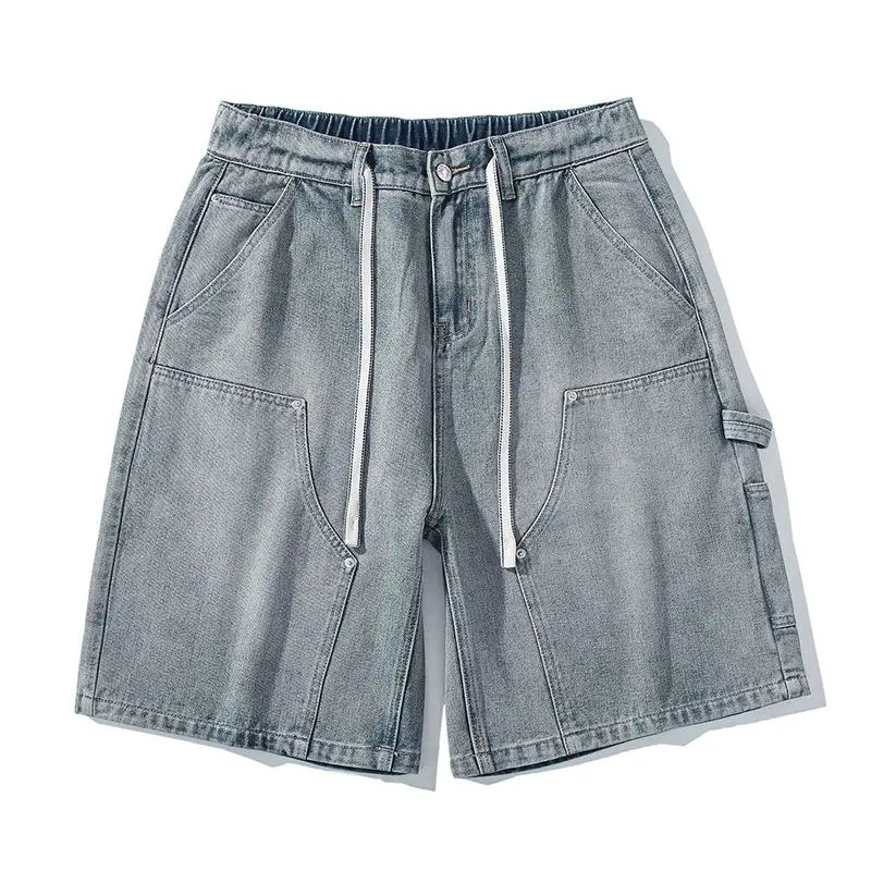 Fashion Streetwear Mens Denim Shorts Summer Loose Vintage Harajuku Splicing Hiphop Cargo Moto Short Jeans Black Blue 250515
