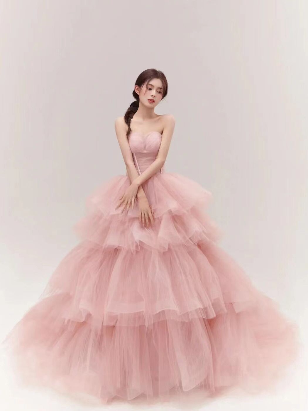 Fairy-Like Pink Net-Sheer Wedding Gown Featuring Fish-Boned Waist Cincher & Wide Skirt Pink Off-The-Shoulder Halter Neck Corset Wedding Dress