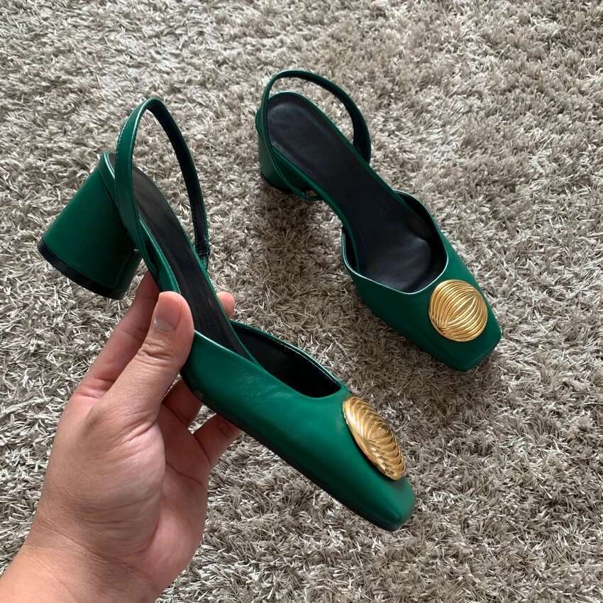 Green High For Women 2024 Fashion Squared Toe Leather Slingbacks Pumps Elegant Lady Heeled Shoes Autumn Heels