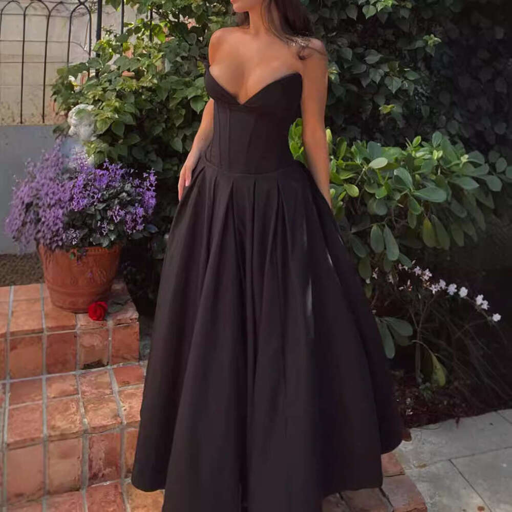 White Dress Maxi Dress New Women's Sexy Strapless, Backless, Fishbone Waist Tied Black Long Dress, Formal Dress KQ
