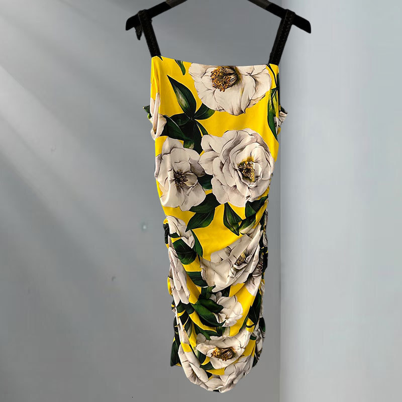 Fashion Women's Yellow Floral Print Silk Satin Dress Luxury Square Neck Pleated Strapless BodyconVestdios Sexy Fashion Vaction Style Designer Clo