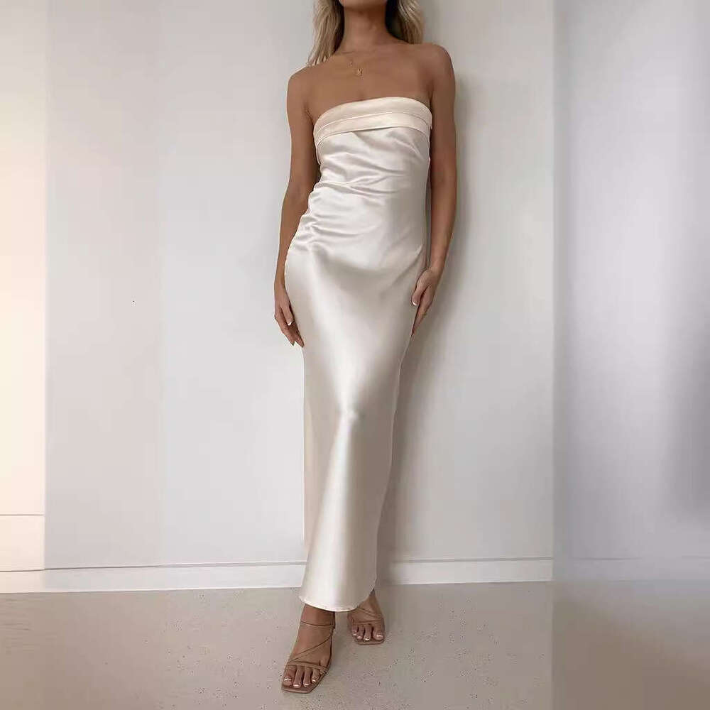 White Dress Maxi Dress 2025 Spring/Summer New Style Elegant Satin Backless Strapless Dress Printed KQ