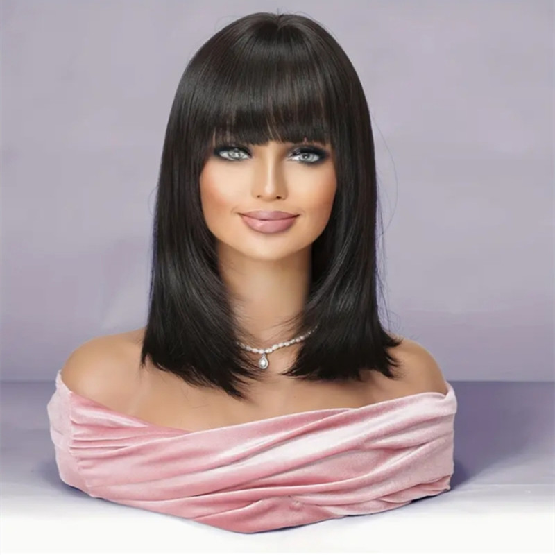 Elegant Female Stylish False Headwear Sleek Black Wigs With Layers & Side Swept Tresses