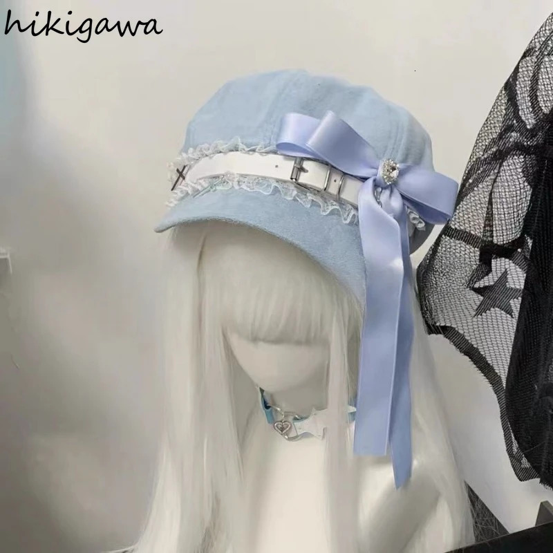 Women Harajuku Gothic Lolita Beret Hat Cap Y2K Girl Bow Punk Patchwork Lace Handmake Decorative Sun Hats 2025 Gorras Para Mujer 250514