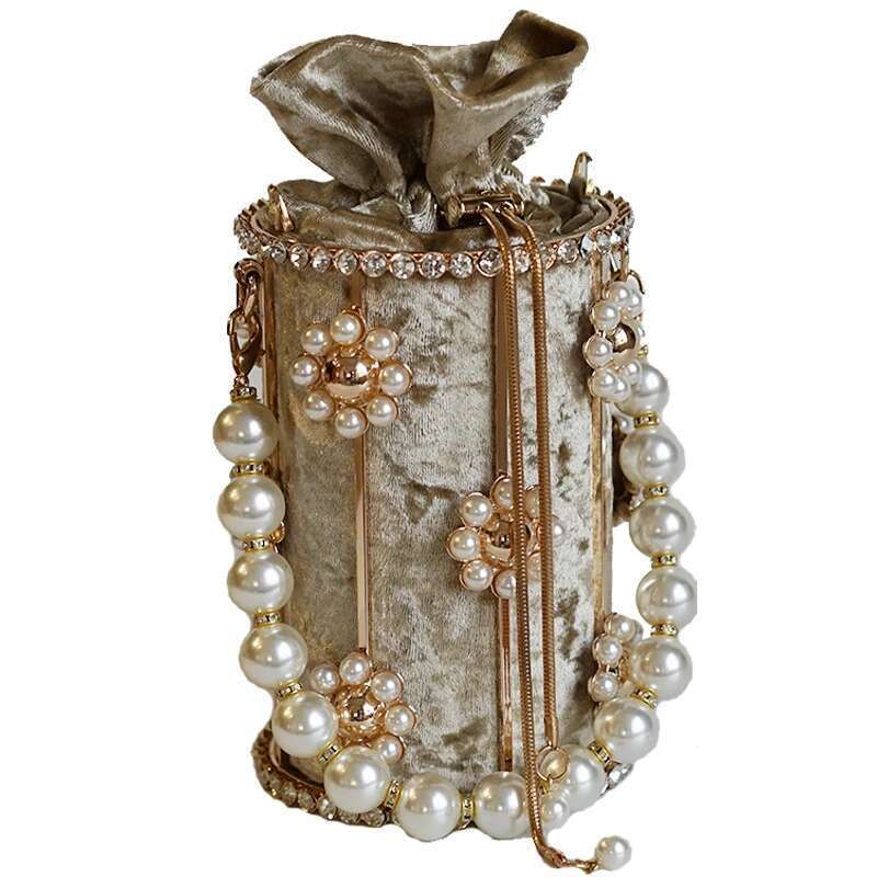 Hollow Out Pearl Bucket Evening Women Top Handle Dia Handmade Alloy Metallic Clutch Bag Ladies Shoulder Bags