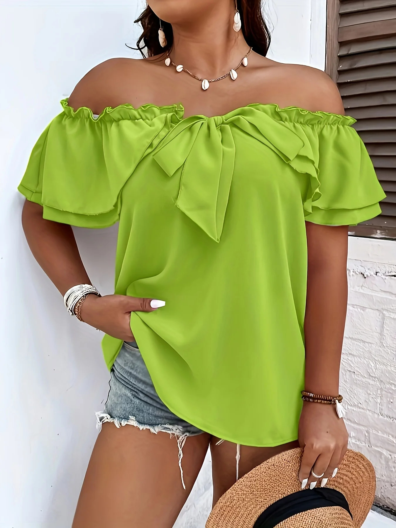Plus Size Summer Vacation Shirt for Women Casual Solid Curve Clothing Cute Bownot Shoulderless Tops 250514