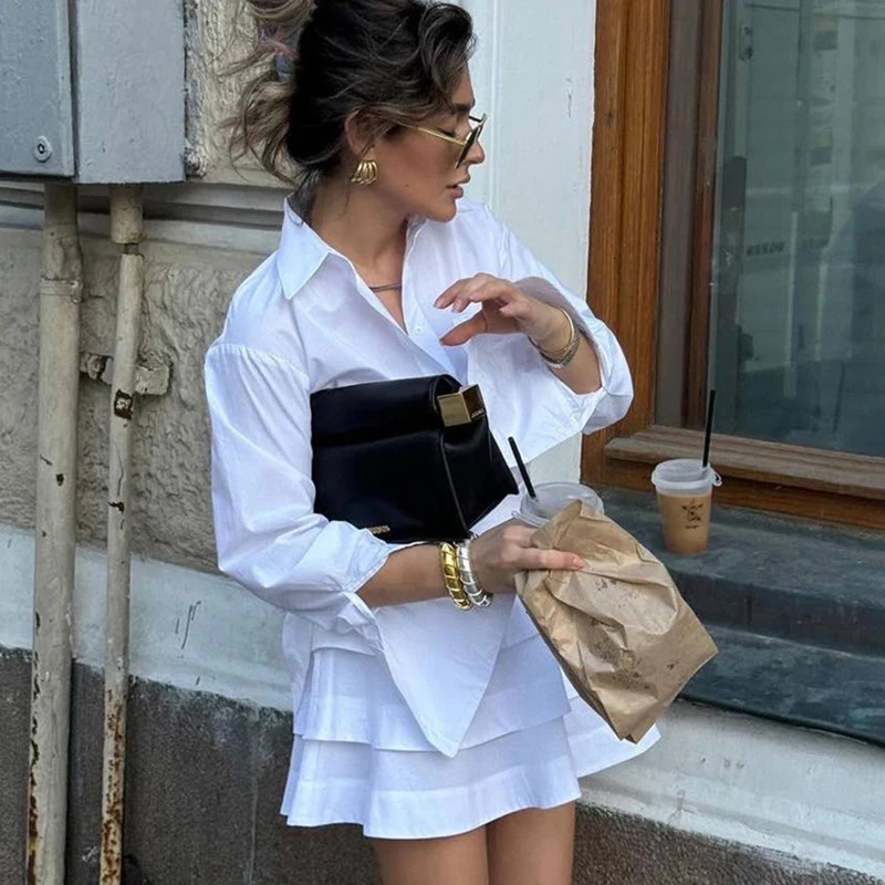Tornova White See Through Skirt TwoPiece Set For Women Long Sleeves Shirt High Waist Cake Suit Female Loose Casual 250515