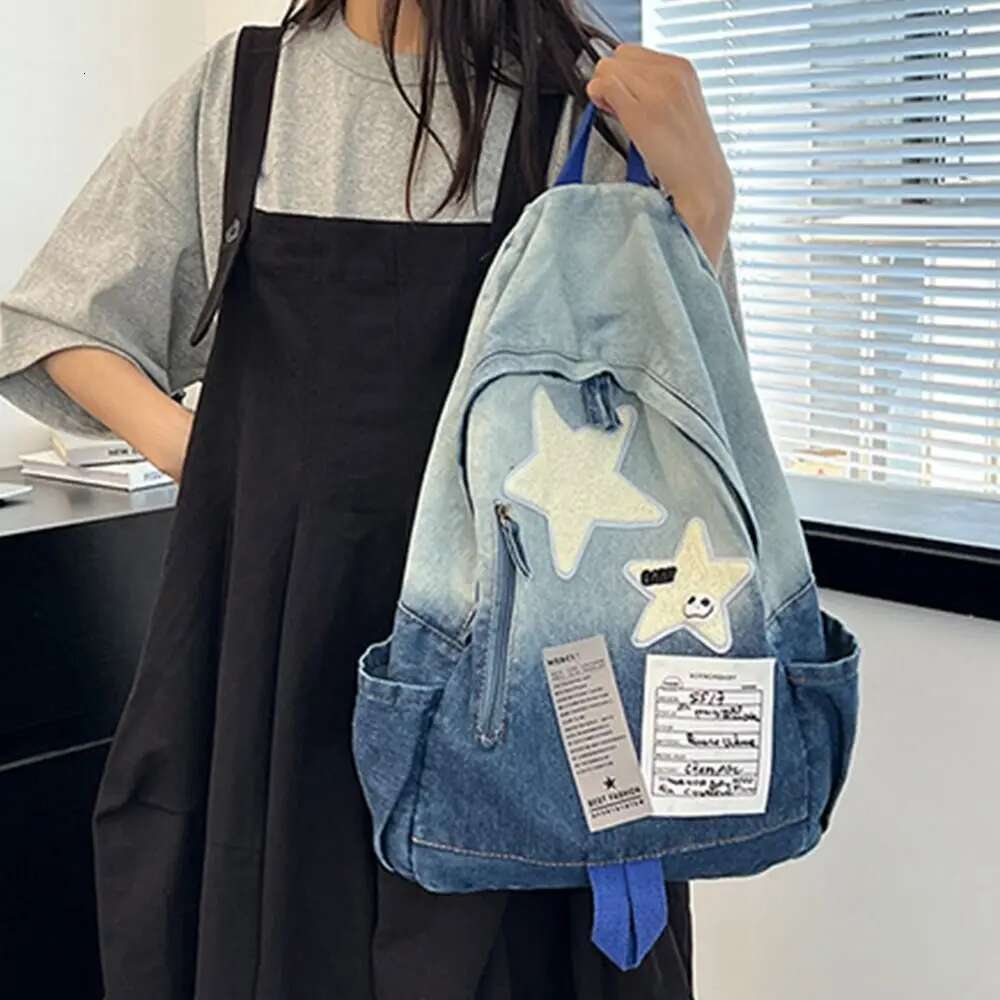 New Original Denim Star Backpack Versatile Travel For High School Students Double Shoulder Bag Vintage Feeling
