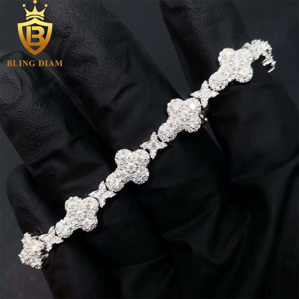 10MM 13MM Hip Hop 925 Sterling Silver Jewelry Moissanite Cuban Chain Flower Cross Iced Out Bracelet