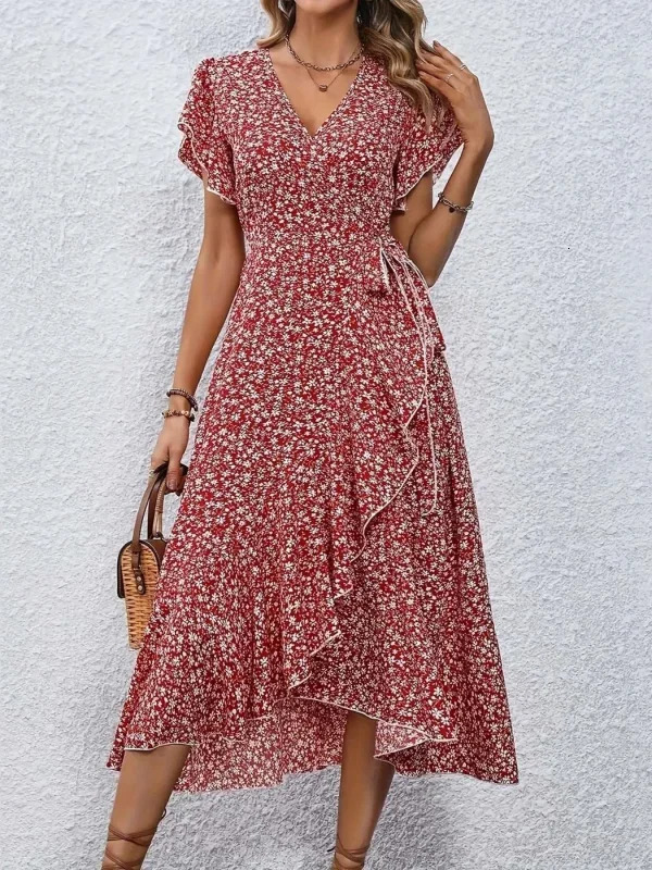Plus Size 1XL-5XL Womens V-Neck Floral Print Dress Breathable Summer Casual Elegant Dress Sophisticated Style Long Beach Dress 250509