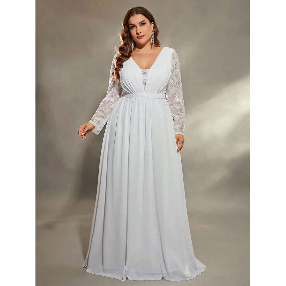 Mgiacy plus size Deep V shoulder lace long sleeve chest pleated chiffon wedding A full skirt Evening gown Ball dress