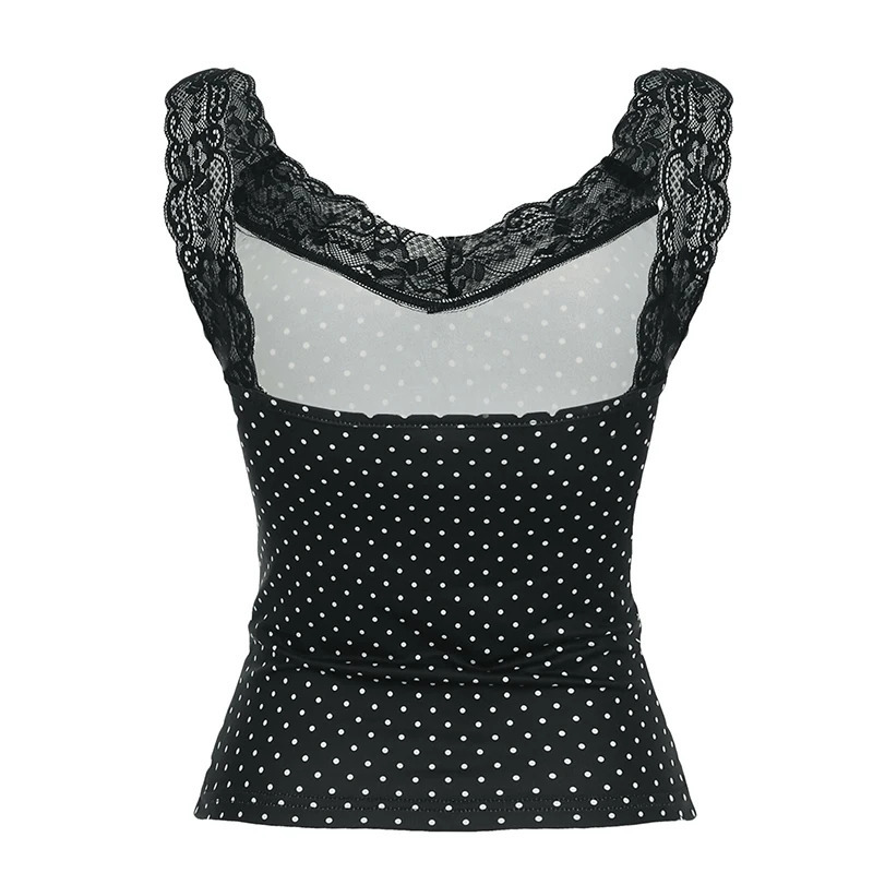 Fashion Sexy Slim Fit Polka Dot Print Lace Trim Women Tanks Chic sweet Summer Basic AllMatch Blouses 250515