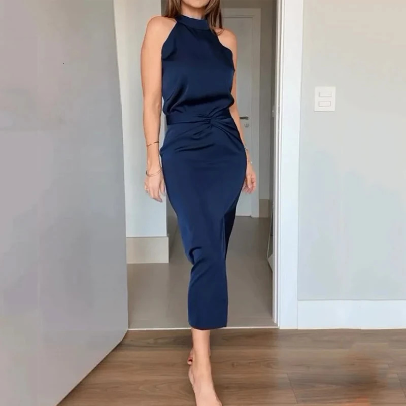 Wefads 2 Piece Set Women Summer Elegant Fashion Solid Round Neck Sleeveless Top A Line Twisted Pleated Slit Slim Long Skirts 250515