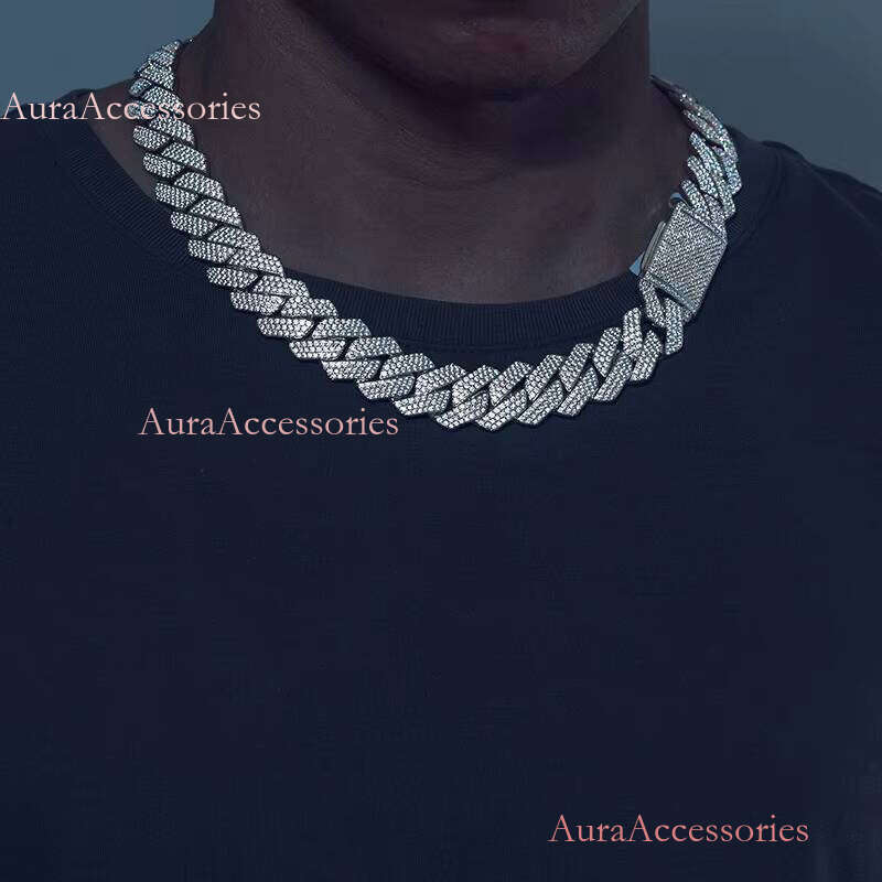 18mm 3 Rows VVS Moissanite Iced Out Link Sterling Sier Lab Dia Hip Hop Jewelry Men Cuban Necklace Chain