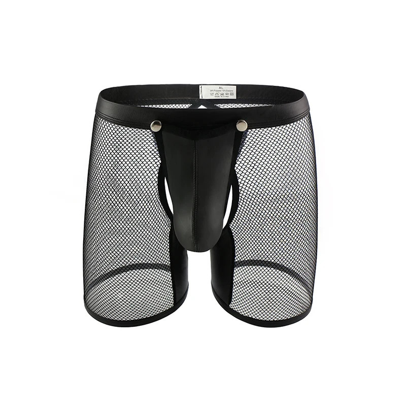 CLEVER-MENMODE Sexy Mesh Lingerie Men Underwear Boxers Shorts PU Leather Open Penis Pouch Transparent Long Leg Open Butt Boxer 250515