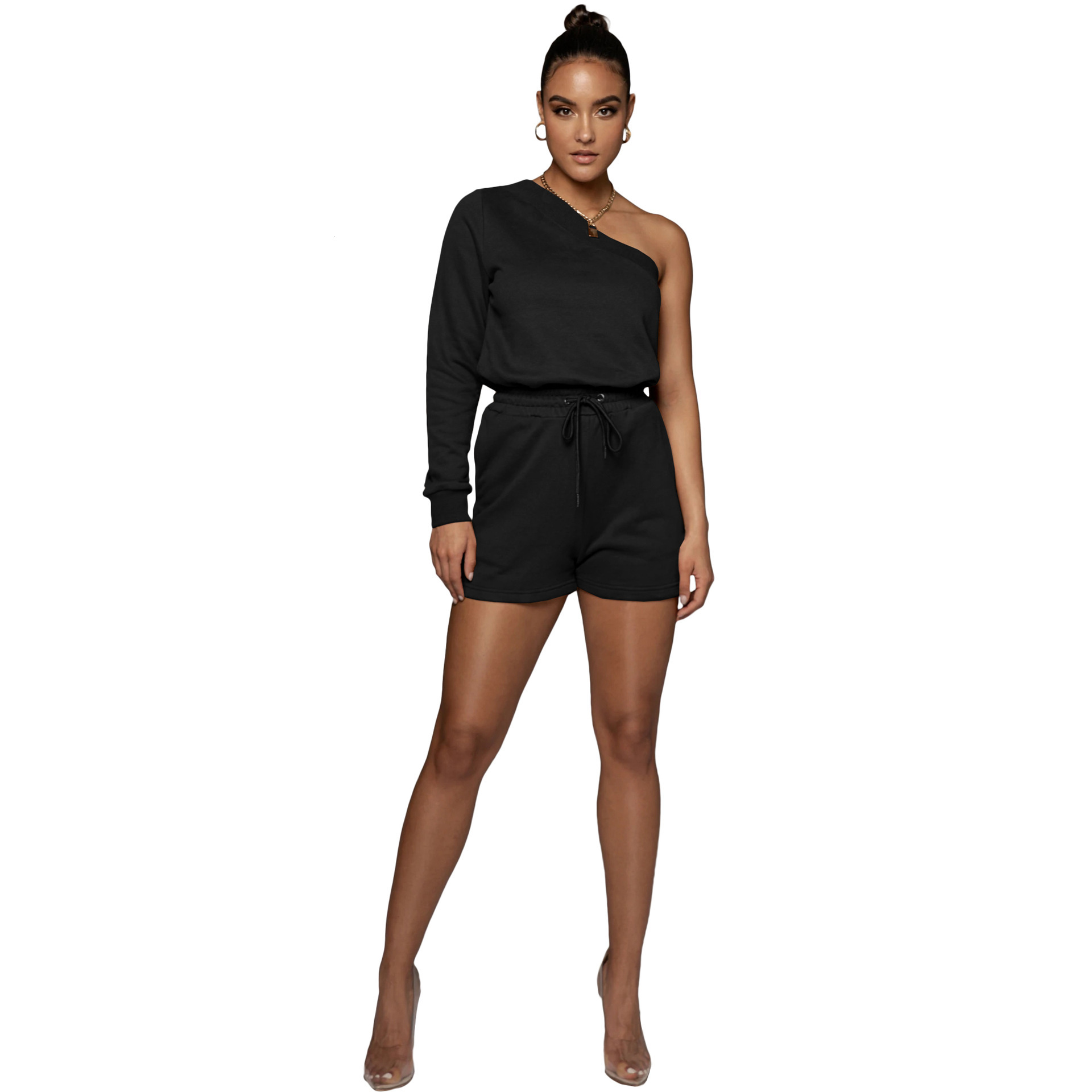 F157 diagonal shoulder irregular sweater Shorts Set fashion leisure sports suit two piece set women