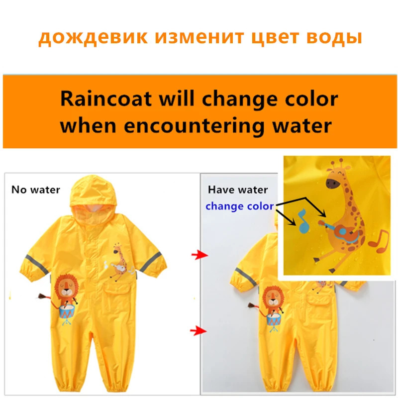 Kids Rain Suit with Hood Waterproof Jumpsuits Baby Cartoon Animals One Piece Raincoat Children Boys Girls Rainwear 1-12 Years 250515