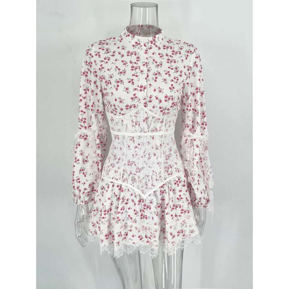 V-Neck Printed Lace Female Ruffled Fashion High Waist Slim Bandage Summer Short Party Women's Mini Dress