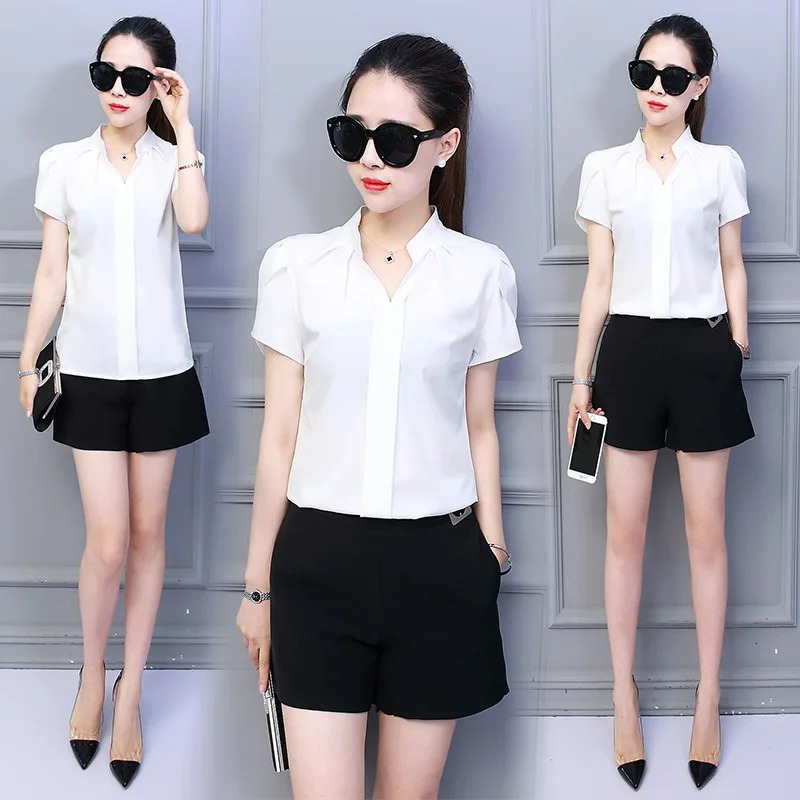 Summer Blouse Women Office Ladies Chiffon White Shirt Short Sleeve elegant Tops Casual Overalls Female Clothing 250514