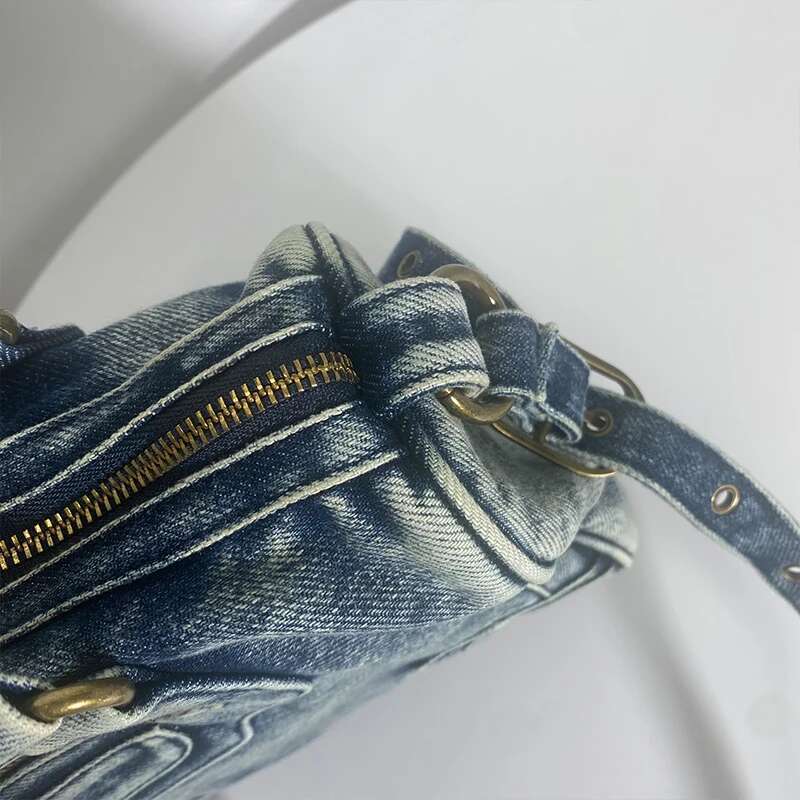new for women high-end denim motorcycle tassel rivets fashionable wash water canvas women's bag