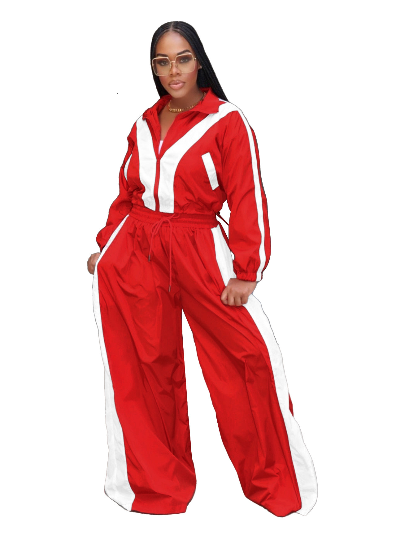 HR24071 Womens Zipper Waist Collar Color Contrasting Super Large Super Fat Trendy Two Piece Set
