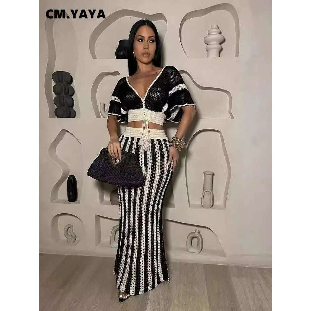 Cm.Yaya Women's Set Short Sleeve V-Neck Top + Long Skirts Suit Summer Knitted Hollow Out Streetwear Beach Sexy Two 2 Piece Sets