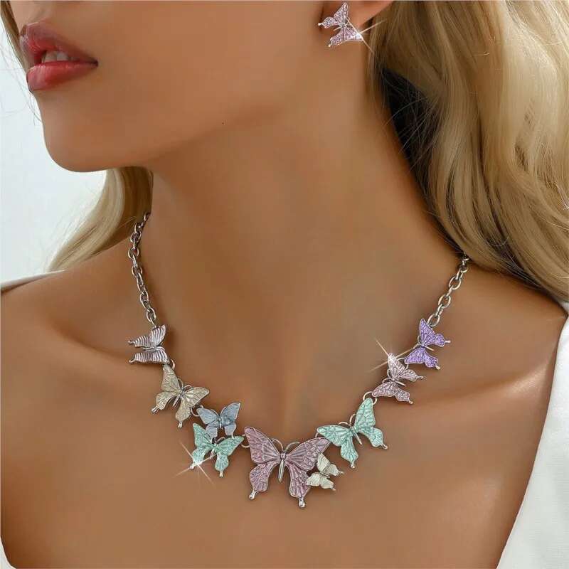3Pcs/Set Colorful Butterfly Necklace And Earrings For Women Y2k Summer Vacation Sets Party Jewelry Accessories
