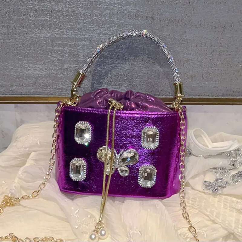 Women Bucket Handbag Crystal Shiny Rhinestones Dia Evening Wedding Party Clutch Purse Crossbody Bag