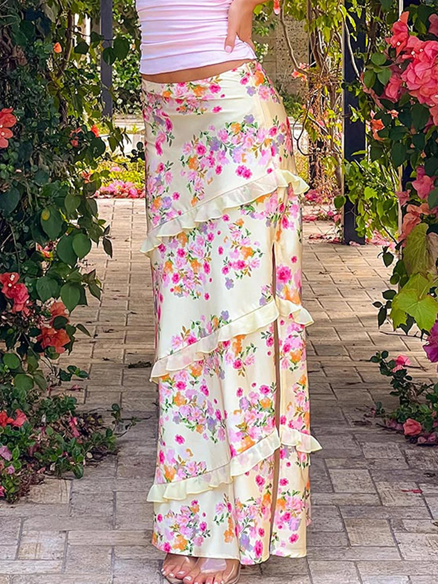Elegant Floral Print Off Shoulder Crop Top and High Waist Maxi Skirt Set for Women Perfect Parties Clubs 250515