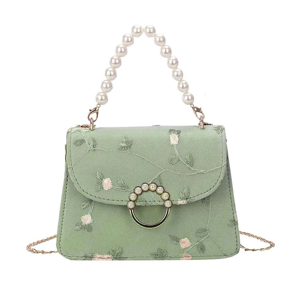 Women's Fashion Chain One Shoulder Crossbody Non-Positioning Lace Embroidery Pearl Handbag Small Square Bag Bolsas Para Mujeres