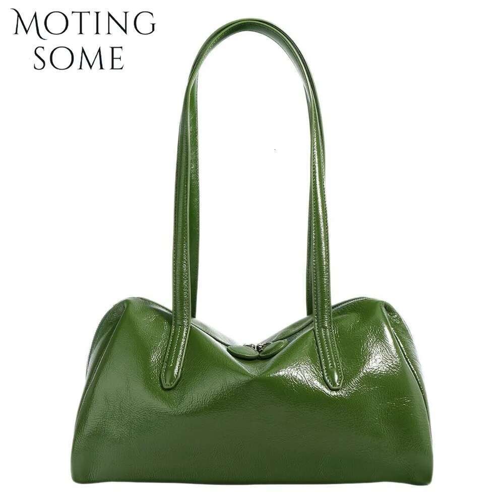 Motingsome Green Bags Retro Women Bag Oil Wax Cowhide Leather Handbag Vintage Boston Pillow Lady Daily Purses 2024