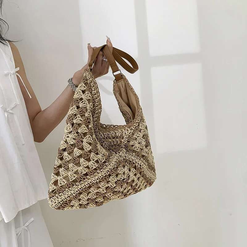 Women Summer Vintage Woven Handbag Jacquard Design Bohemian Seaside Holiday Traveling Straw Bags High-Capacity Shoulder Tote Bag