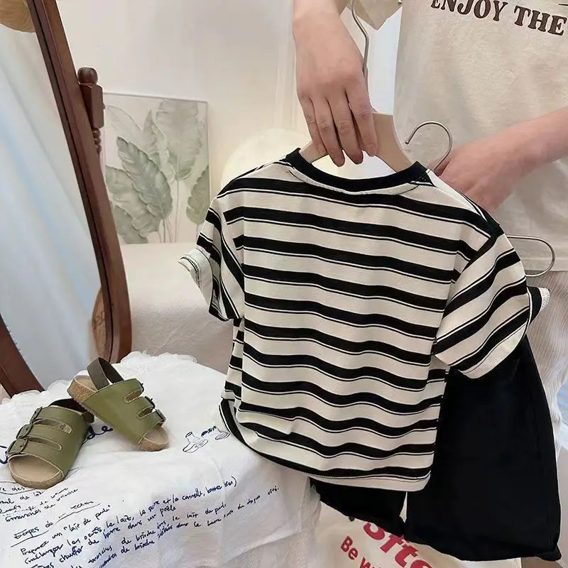 Kids Short Sleeve Boys and Girls T-shirt Summer Girls Striped Baby Top Cotton Childrens Clothing 250515