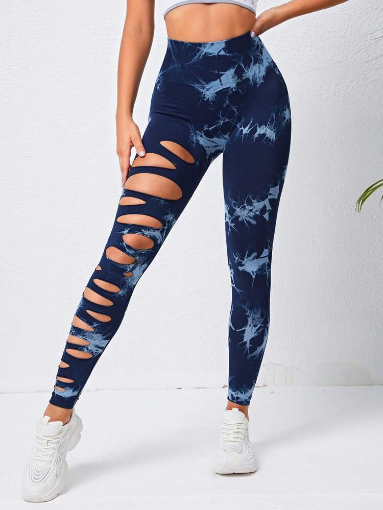Hollow tie-dyed yoga pants high waist hip lift fitness pants running pants yoga clothes women's belly control trousers